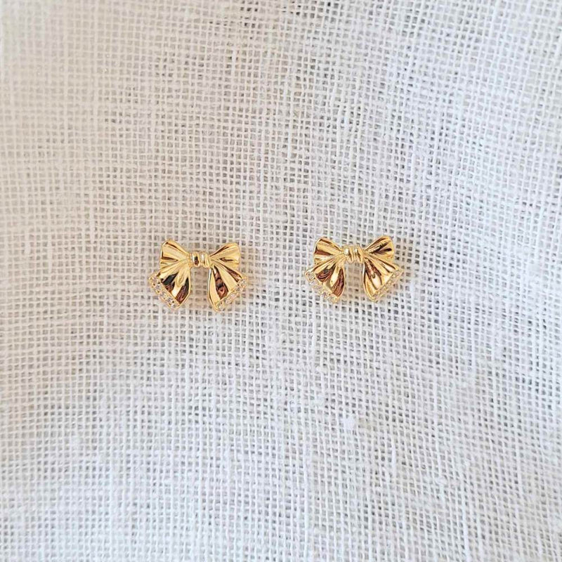 BOW Sterling Silver 18K Gold Plated Bow Cubic Zirconia Stud Earrings