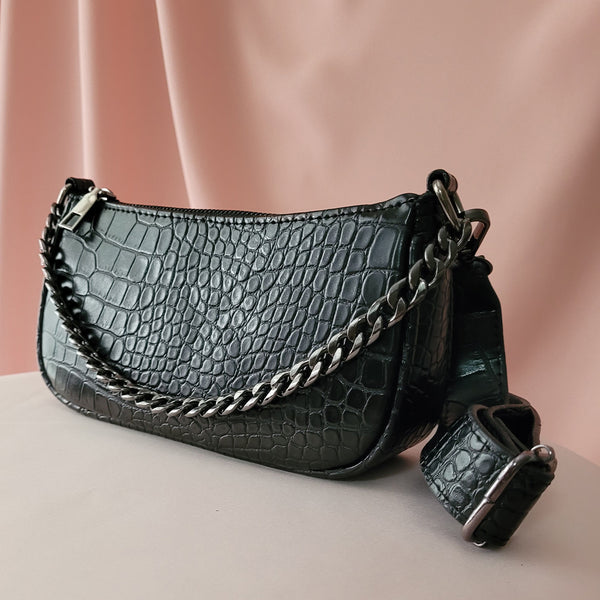 Annie Small black croc pattern shoulder bag with chain detail